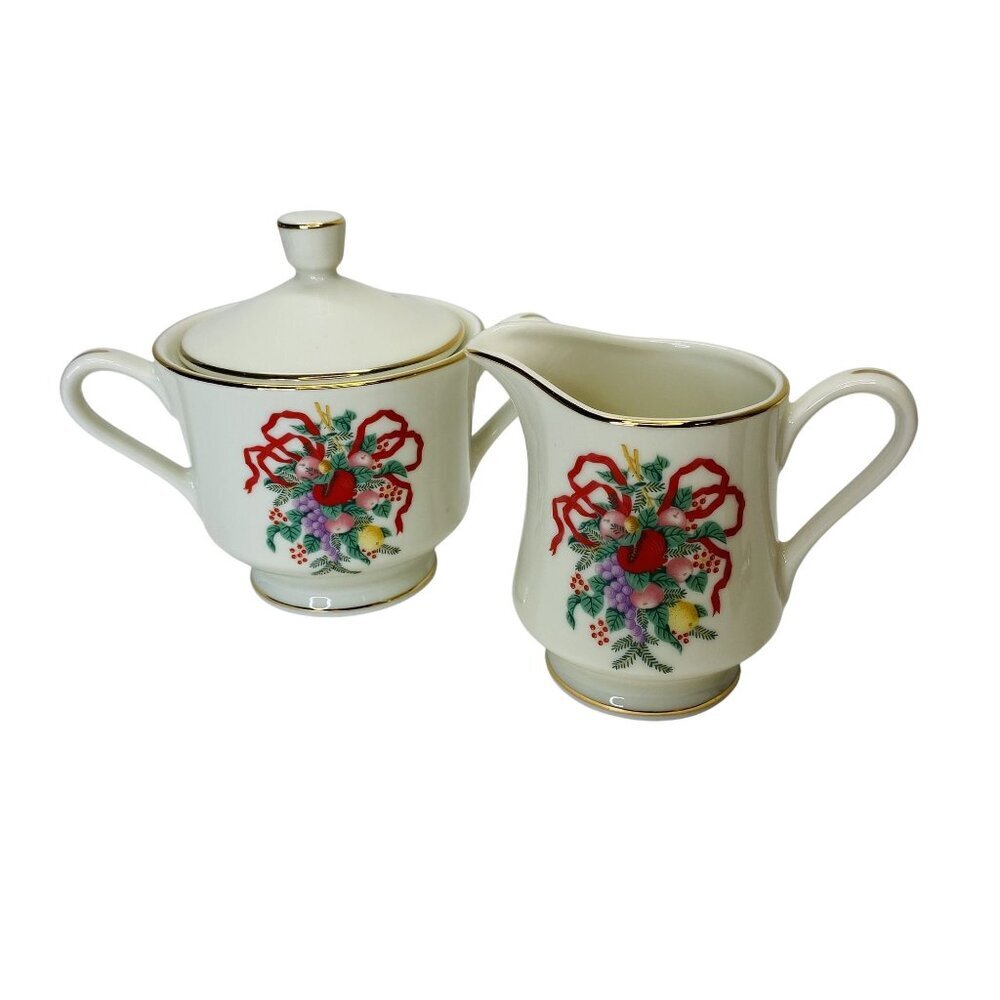 Classic Traditions Japan Christmas Creamer & Sugar Bowl Porcelain Gold Trim
